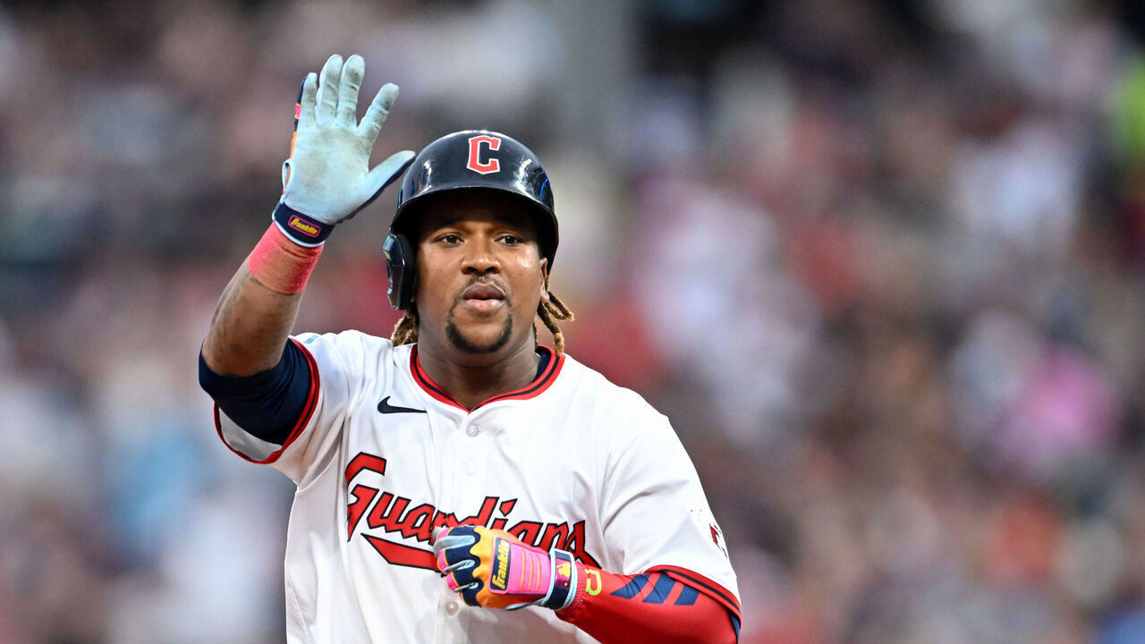 CLEVELAND, OHIO - JULY 19: José Ramírez #11 of the Cleveland Guardians celebrates hitting a two-run home run during the third inning against the Athletics at Progressive Field on July 19, 2025 in Cleveland, Ohio.