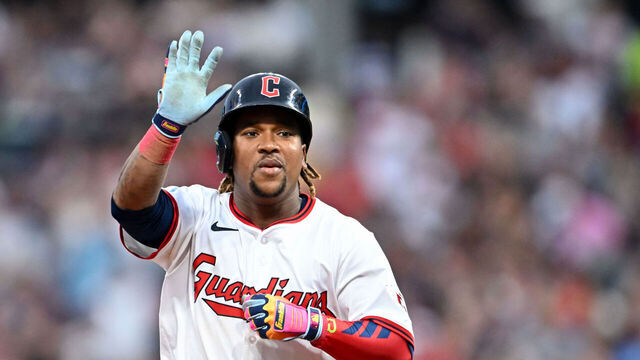 CLEVELAND, OHIO - JULY 19: José Ramírez #11 of the Cleveland Guardians celebrates hitting a two-run home run during the third inning against the Athletics at Progressive Field on July 19, 2025 in Cleveland, Ohio.