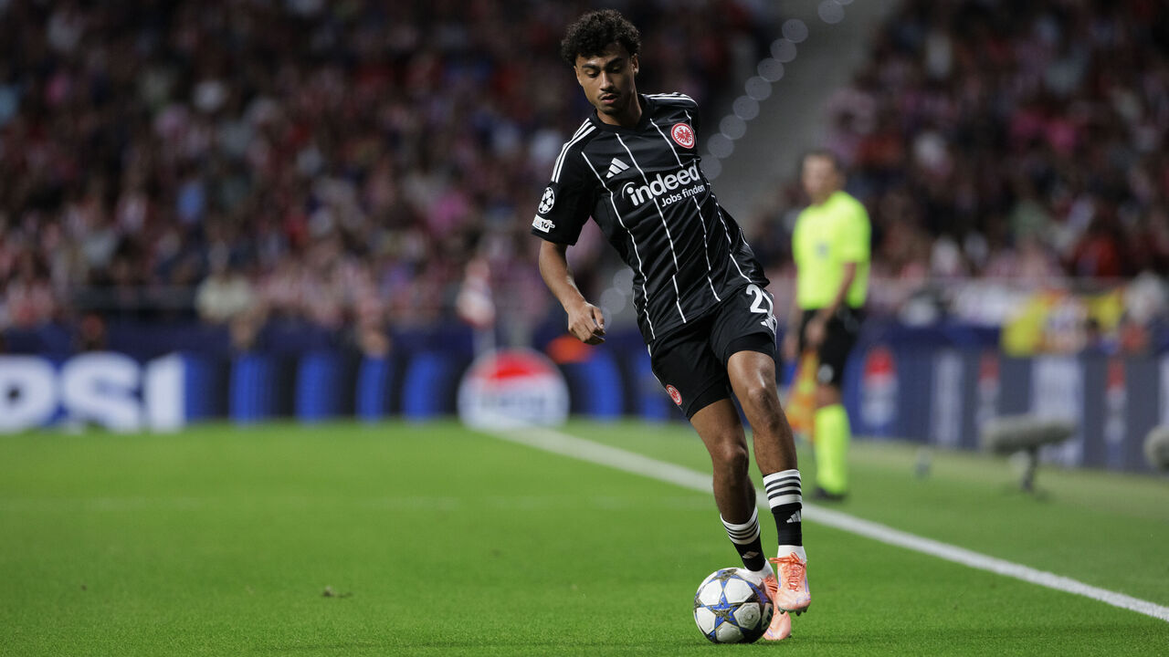 Nathaniel Brown of Eintracht Frankfurt is in action during the UEFA Champions League 2025/26 match between Atletico de Madrid and Eintracht at Riyadh Air Metropolitano Stadium in Madrid, Spain, on September 30.