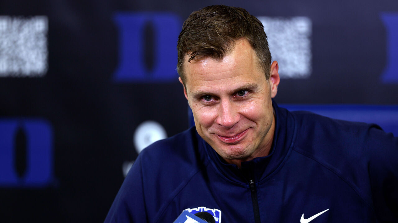 DURHAM, NORTH CAROLINA - SEPTEMBER 24: Head coach Jon Scheyer of the Duke Blue Devils speaks to the media during Duke Men's Basketball Media Day at Cameron Indoor Stadium on September 24, 2025 in Durham, North Carolina.