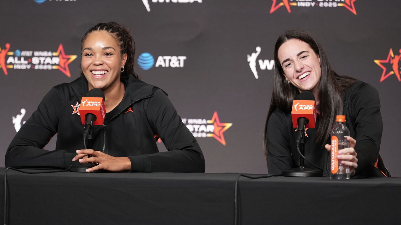 INDIANAPOLIS, IN - JULY 19: Napheesa Collier #24 of Team Collier and Caitlin Clark #22 of Team Clark laugh during a press conference during the AT&T WNBA All-Star Game 2025 on July 19, 2025 at Gainbridge Fieldhouse in Indianapolis, Indiana. Mandatory Copyright Notice: Copyright 2025 NBAE