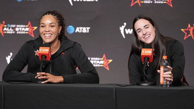 INDIANAPOLIS, IN - JULY 19: Napheesa Collier #24 of Team Collier and Caitlin Clark #22 of Team Clark laugh during a press conference during the AT&T WNBA All-Star Game 2025 on July 19, 2025 at Gainbridge Fieldhouse in Indianapolis, Indiana. Mandatory Copyright Notice: Copyright 2025 NBAE