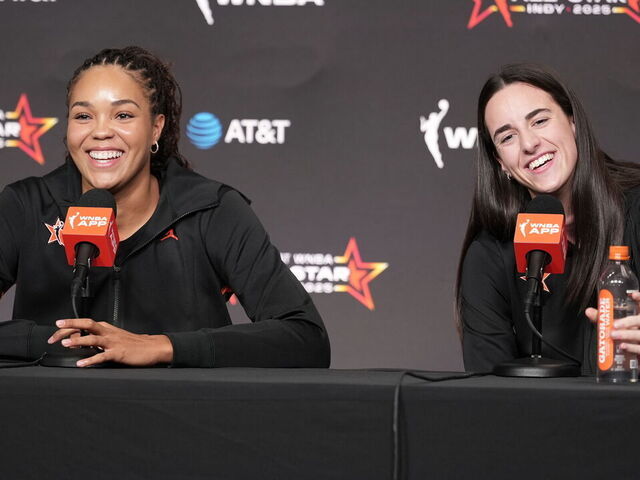 INDIANAPOLIS, IN - JULY 19: Napheesa Collier #24 of Team Collier and Caitlin Clark #22 of Team Clark laugh during a press conference during the AT&T WNBA All-Star Game 2025 on July 19, 2025 at Gainbridge Fieldhouse in Indianapolis, Indiana. Mandatory Copyright Notice: Copyright 2025 NBAE
