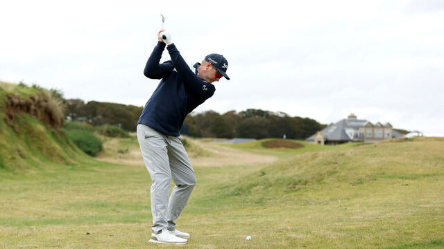 ST ANDREWS, SCOTLAND - OCTOBER 02: Ryan Brehm of the United States plays his second shot on the ninth hole on day one of the Alfred Dunhill Links Championship 2025 at Kingsbarns Golf Links on October 02, 2025 in St Andrews, Scotland.