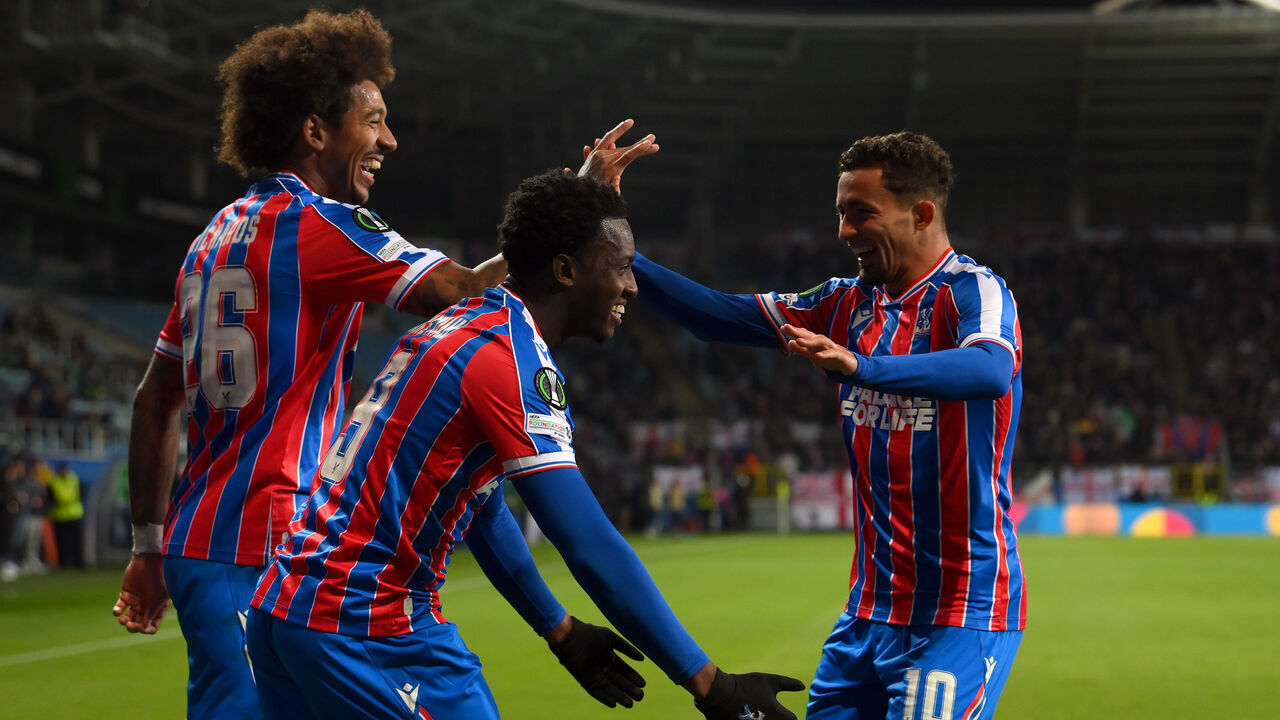 LUBLIN, POLAND - OCTOBER 02: Eddie Nketiah of Crystal Palace celebrates scoring his team's second goal with teammate Chris Richards and Yeremy Pino during the UEFA Conference League 2025/26 League Phase MD1 match between FC Dynamo Kyiv and Crystal Palace FC at Arena Lublin on October 02, 2025 in Lublin, Poland.