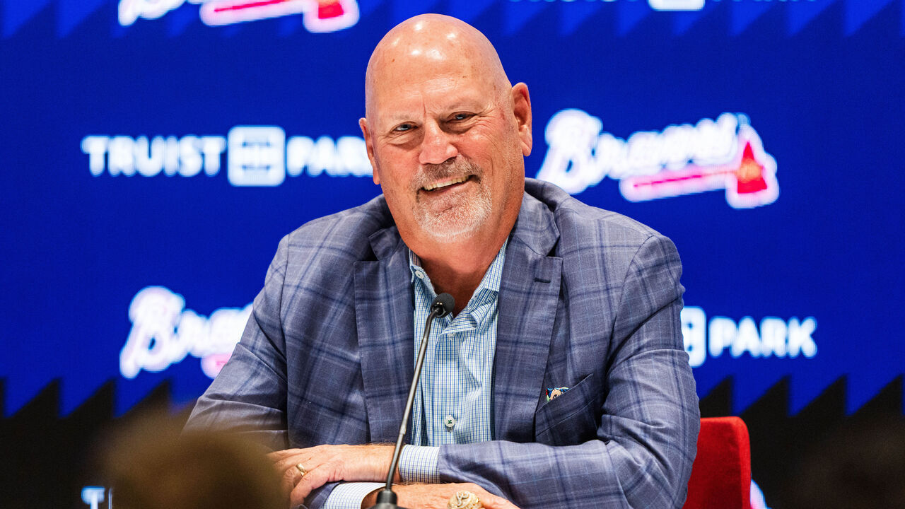 ATLANTA, GA - OCTOBER 01: Brian Snitker speaks to the media during a press conference announcing his retirement as manager of the Atlanta Braves at Truist Park on October 1, 2025 in Atlanta, Georgia.