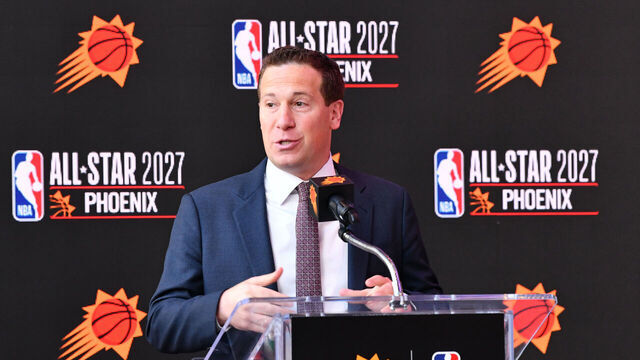 PHOENIX, AZ - MARCH 7: Mat Ishbia speaks during a press conference announcing Phoenix as the host of the NBA All-Star 2027 on March 7, 2024 at Footprint Center in Phoenix, Arizona. Mandatory Copyright Notice: Copyright 2024 NBAE