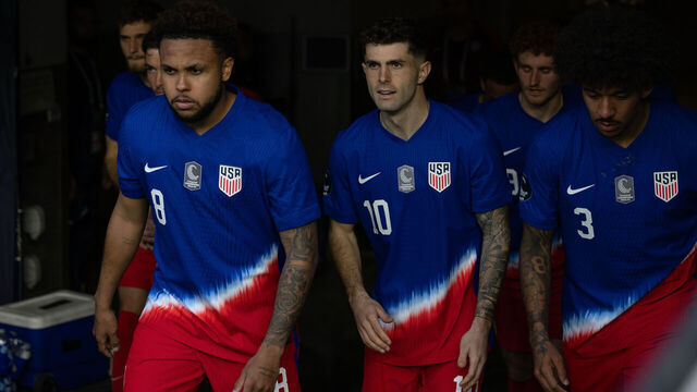 INGLEWOOD, CA - MARCH 20: Weston McKennie #8 and Christian Pulisic #10 of the United States walk the fieldduring a game between Panama and USMNT at SoFi Stadium on March 20, 2025 in Inglewood, California.