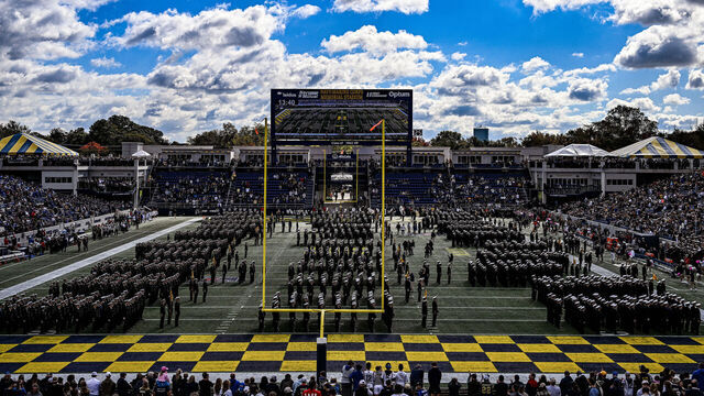 ANNAPOLIS, MD - OCTOBER 21: The Brigade of Midshipmen at the Naval Academy take the field prior to the Air Force Falcons game versus the Naval Academy Midshipmen on October 21, 2023 at Navy - Marine Corps Memorial Stadium in Annapolis, MD.