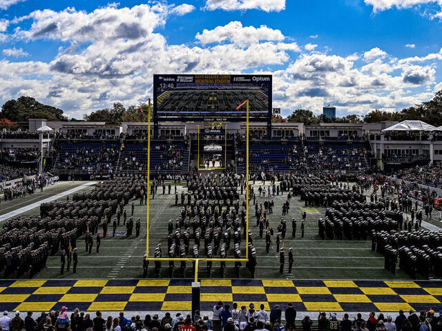 ANNAPOLIS, MD - OCTOBER 21: The Brigade of Midshipmen at the Naval Academy take the field prior to the Air Force Falcons game versus the Naval Academy Midshipmen on October 21, 2023 at Navy - Marine Corps Memorial Stadium in Annapolis, MD.
