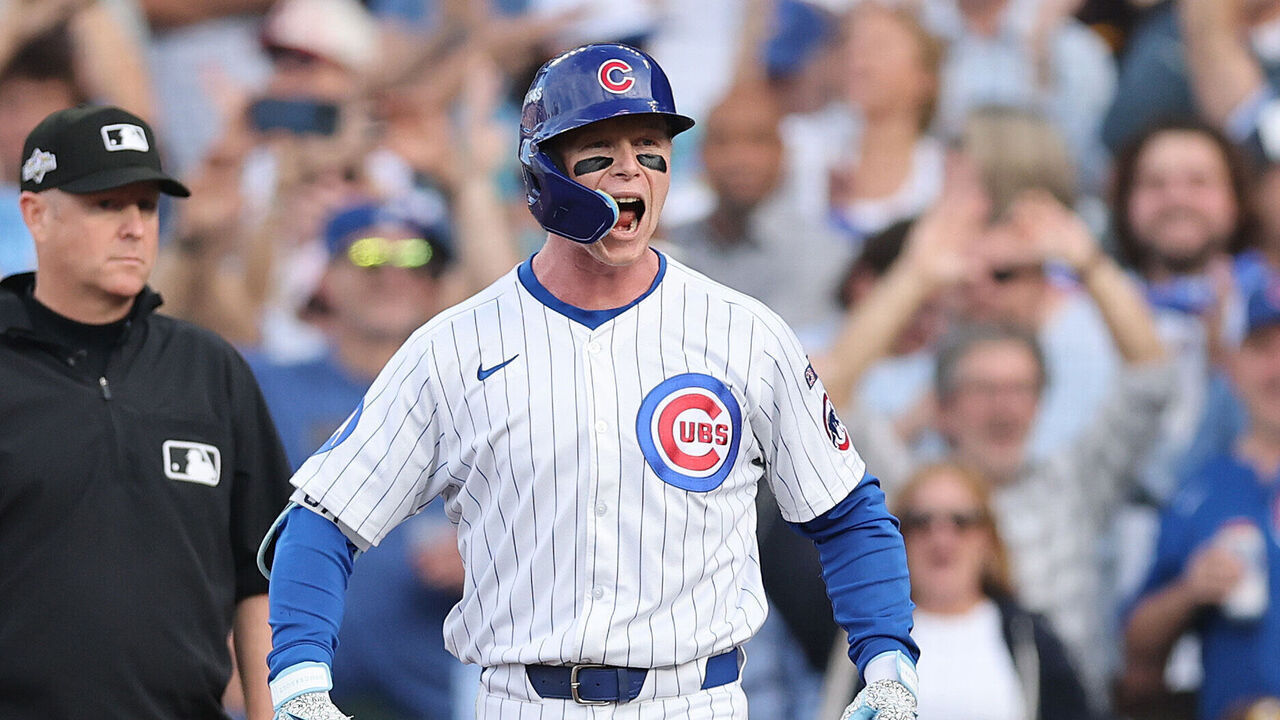 CHICAGO, ILLINOIS - OCTOBER 02: Pete Crow-Armstrong #4 of the Chicago Cubs celebrates after hitting an RBI single in the second against the San Diego Padres in game three of the National League Wild Card Series at Wrigley Field on October 02, 2025 in Chicago, Illinois.