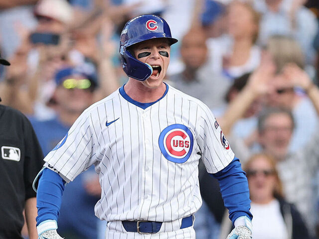 CHICAGO, ILLINOIS - OCTOBER 02: Pete Crow-Armstrong #4 of the Chicago Cubs celebrates after hitting an RBI single in the second against the San Diego Padres in game three of the National League Wild Card Series at Wrigley Field on October 02, 2025 in Chicago, Illinois.