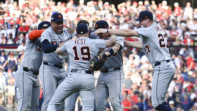 CLEVELAND, OH - OCTOBER 02: Members of the Detroit Tigers celebrate a win after Game Three of the American League Wild Card Series between the Detroit Tigers and the Cleveland Guardians at Progressive Field on Thursday, October 2, 2025 in Cleveland, Ohio.
