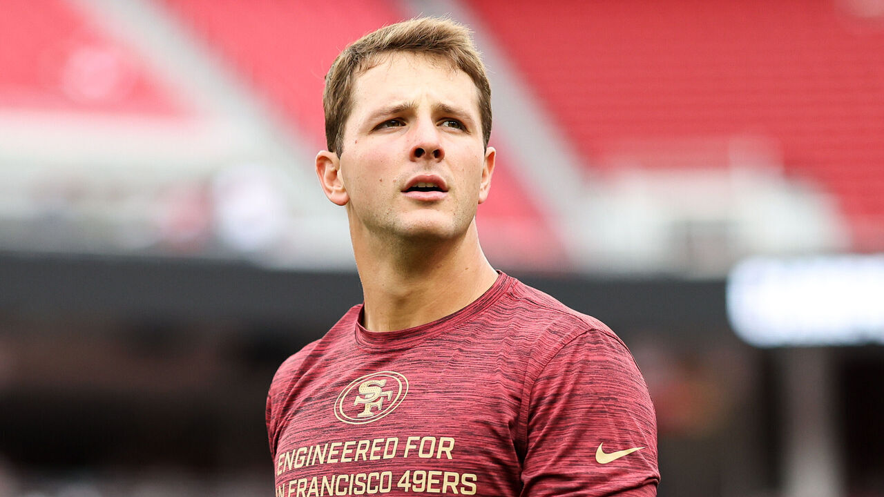 SANTA CLARA, CALIFORNIA - SEPTEMBER 28: Brock Purdy #13 of the San Francisco 49ers warms up prior to the game against the Jacksonville Jaguars at Levi's Stadium on September 28, 2025 in Santa Clara, California.