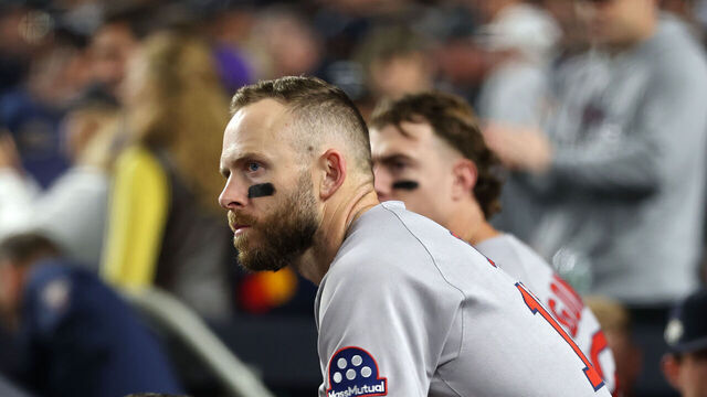 NEW YORK, NEW YORK - OCTOBER 02: Jarren Duran #16 and Trevor Story #10 of the Boston Red Sox look on from the dugout after losing to the New York Yankees 4-0 in game three of the American League Wild Card Series at Yankee Stadium on October 02, 2025 in the Bronx borough of New York City.