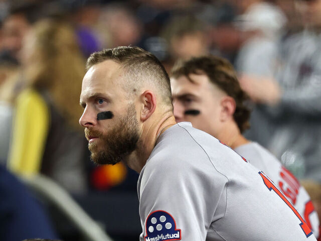 NEW YORK, NEW YORK - OCTOBER 02: Jarren Duran #16 and Trevor Story #10 of the Boston Red Sox look on from the dugout after losing to the New York Yankees 4-0 in game three of the American League Wild Card Series at Yankee Stadium on October 02, 2025 in the Bronx borough of New York City.