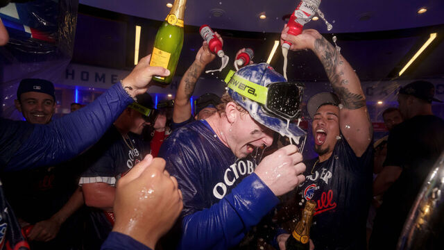 CHICAGO, ILLINOIS - OCTOBER 2: Pete Crow-Armstrong #4 of the Chicago Cubs celebrates in the clubhouse after winning Game Three of the National League Wild Card Game against the San Diego Padres at Wrigley Field on October 2, 2025 in Chicago, Illinois.
