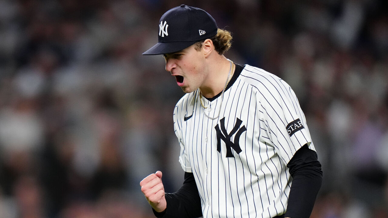 NEW YORK, NY - OCTOBER 02: Cam Schlittler #31 of the New York Yankees reacts after the final out in the eighth inning during Game Three of the American League Wild Card Series between the Boston Red Sox and the New York Yankees at Yankee Stadium on Thursday, October 2, 2025 in New York, New York.
