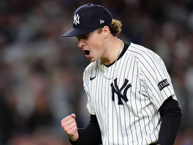 NEW YORK, NY - OCTOBER 02: Cam Schlittler #31 of the New York Yankees reacts after the final out in the eighth inning during Game Three of the American League Wild Card Series between the Boston Red Sox and the New York Yankees at Yankee Stadium on Thursday, October 2, 2025 in New York, New York.
