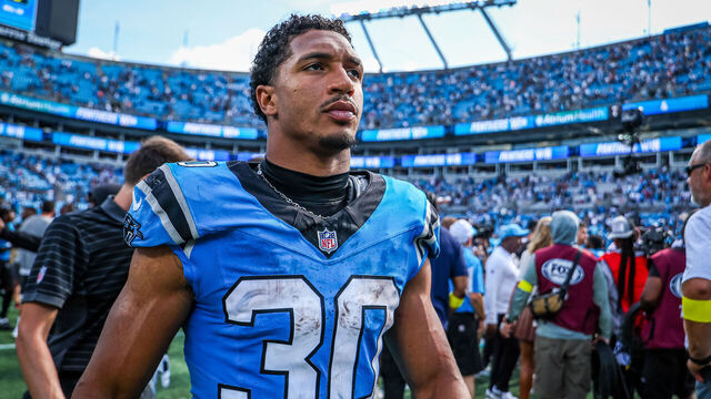 CHARLOTTE, NORTH CAROLINA - SEPTEMBER 21: Chuba Hubbard #30 of the Carolina Panthers looks on after an NFL 2025 game against the Atlanta Falcons at Bank of America Stadium on September 21, 2025 in Charlotte, North Carolina.