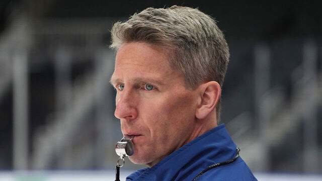 EDMONTON, ALBERTA - JUNE 03: Head coach Kris Knoblauch of the Edmonton Oilers is seen at practice prior to the 2025 Stanley Cup Final between the Florida Panthers and the Edmonton Oilers at Rogers Place on June 03, 2025 in Edmonton, Alberta.