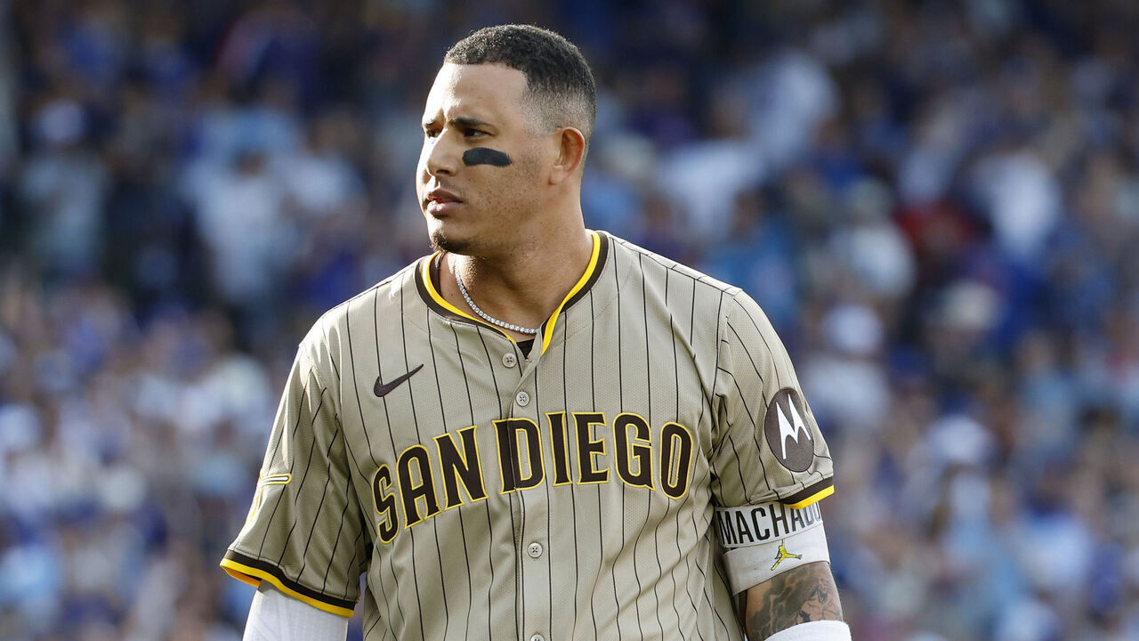 Chicago, Illinois - October 2, 2025: Manny Machado #13 of the San Diego Padres looks on after striking out in the first inning against the Chicago Cubs during Game 3 of the NL Wild Card Series at Wrigley Field on October 2, 2025 in Chicago, Illinois.