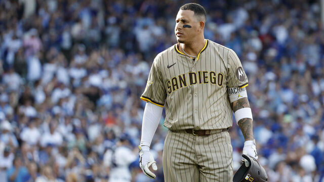 Chicago, Illinois - October 2, 2025: Manny Machado #13 of the San Diego Padres looks on after striking out in the first inning against the Chicago Cubs during Game 3 of the NL Wild Card Series at Wrigley Field on October 2, 2025 in Chicago, Illinois.