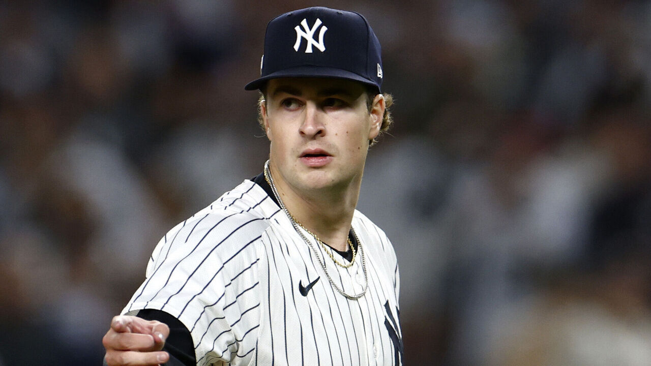New York, NY - October 2: New York Yankees starting pitcher Cam Schlittler looks to the umpire after striking out a Boston Red Sox batter in the fifth inning of Game 3 of the Wild Card playoff series at Yankee Stadium on October 2, 2025.