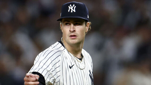 New York, NY - October 2: New York Yankees starting pitcher Cam Schlittler looks to the umpire after striking out a Boston Red Sox batter in the fifth inning of Game 3 of the Wild Card playoff series at Yankee Stadium on October 2, 2025.