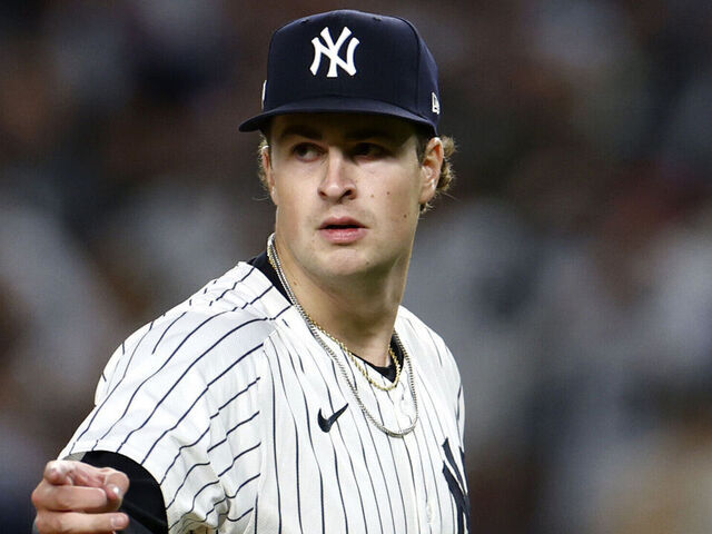 New York, NY - October 2: New York Yankees starting pitcher Cam Schlittler looks to the umpire after striking out a Boston Red Sox batter in the fifth inning of Game 3 of the Wild Card playoff series at Yankee Stadium on October 2, 2025.