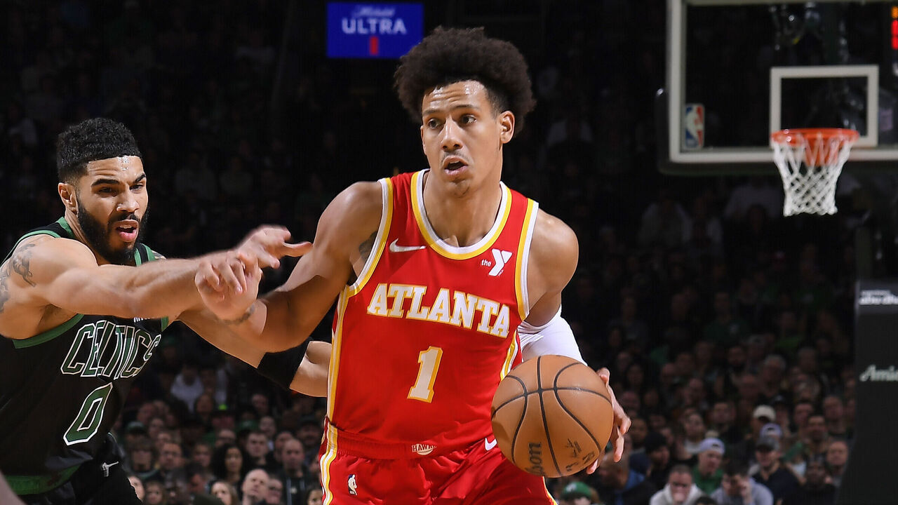 BOSTON, MA - JANUARY 18: Jalen Johnson #1 of the Atlanta Hawks drives to the basket during the game against the Boston Celtics on January 18, 2025 at TD Garden in Boston, Massachusetts. NOTE TO USER: User expressly acknowledges and agrees that, by downloading and/or using this Photograph, user is consenting to the terms and conditions of the Getty Images License Agreement. Mandatory Copyright Notice: Copyright 2025 NBAE