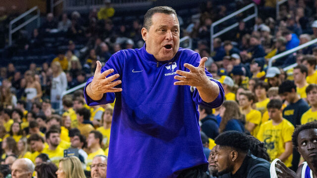 ANN ARBOR, MICHIGAN - NOVEMBER 21: Head Basketball Coach Billy Gillispie of the Tarleton State Texans reacts after a call during the second half of a college basketball game against the Michigan Wolverines at Crisler Arena on November 21, 2024 in Ann Arbor, Michigan. The Michigan Wolverines won the game 72-49.