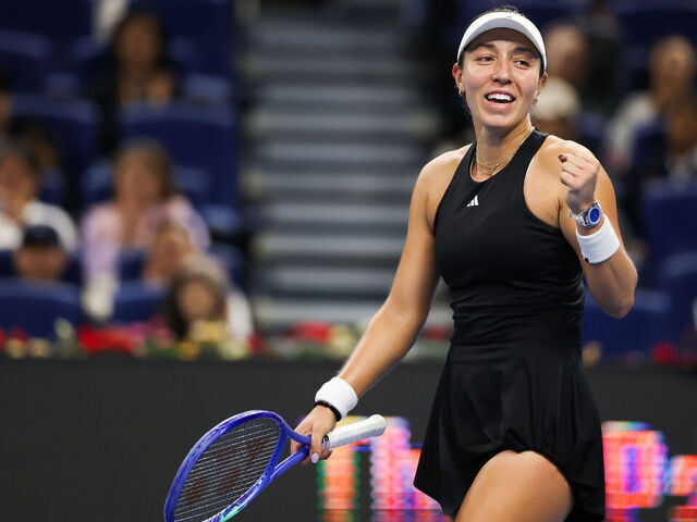 BEIJING, CHINA - OCTOBER 03: Jessica Pegula of the United States reacts in the Women's Singles Quarterfinal match against Emma Navarro of the United States on day 12 of the 2025 China Open at the National Tennis Center on October 3, 2025 in Beijing, China.