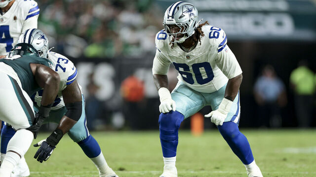 PHILADELPHIA, PENNSYLVANIA - SEPTEMBER 4: Tyler Guyton #60 of the Dallas Cowboys lines up before the snap during the second half against the Philadelphia Eagles at Lincoln Financial Field on September 4, 2025 in Philadelphia, Pennsylvania.