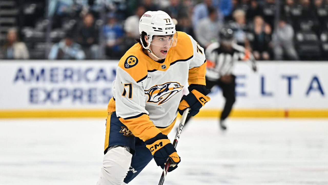 SALT LAKE CITY, UTAH - APRIL 10: Luke Evangelista #77 of the Nashville Predators skates against the Utah Hockey Club on April 10, 2025 at Delta Center in Salt Lake City, Utah.