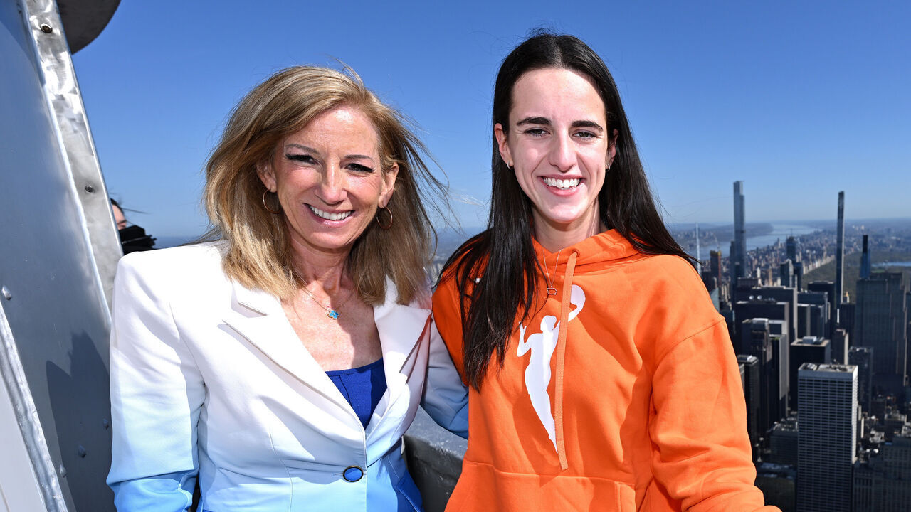 NEW YORK, NEW YORK - APRIL 15: (L-R) Cathy Engelbert and Caitlin Clark at The Empire State Building on April 15, 2024 in New York City.