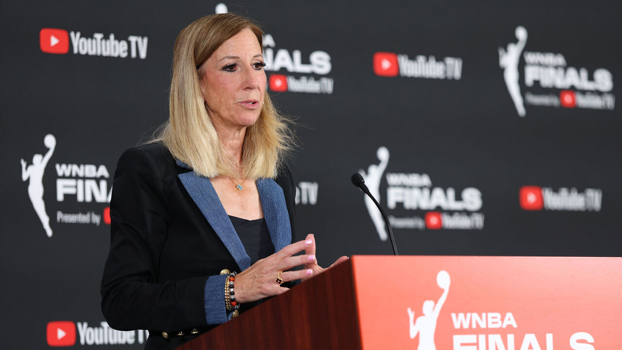 LAS VEGAS, NEVADA - OCTOBER 03: WNBA Commissioner Cathy Engelbert speaks to the media ahead of Game One of the 2025 WNBA Playoffs finals between the Las Vegas Aces and the Phoenix Mercury at Michelob ULTRA Arena on October 03, 2025 in Las Vegas, Nevada.
