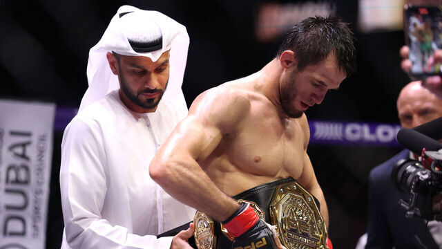 DUBAI, UNITED ARAB EMIRATES - OCTOBER 03: Usman Nurmagomedov receives the Lightweight belt after defeating Paul Hughes of Ireland in the PFL Lightweight World Title Fight during the PFL Championship Series :Road to Dubai on October 03, 2025 in Dubai, United Arab Emirates.