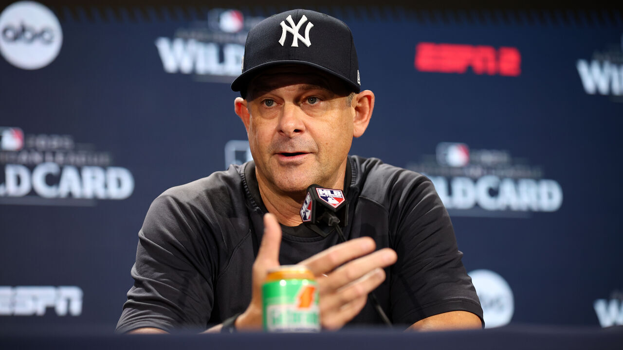 NEW YORK, NY - SEPTEMBER 30: Manager, Aaron Boone #17 of the New York Yankees addresses the media before the game against the Boston Red Sox at Yankee Stadium on September 30, 2025 in New York, New York.