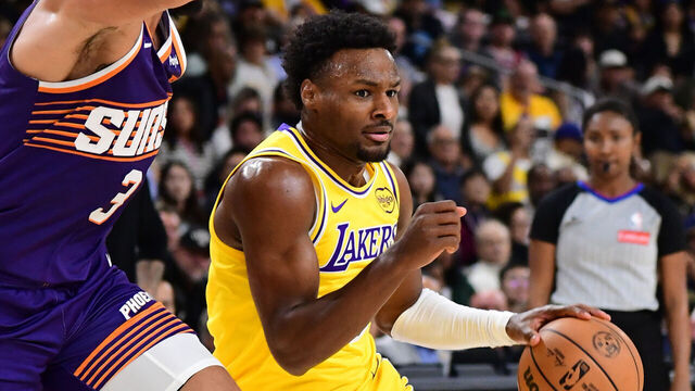 PALM SPRINGS, CA - OCTOBER 3: Bronny James #9 of the Los Angeles Lakers drives to the basket during the game against the Phoenix Suns during Preseason on October 3, 2025 at Acrisure Arena in Palm Springs, California. NOTE TO USER: User expressly acknowledges and agrees that, by downloading and/or using this Photograph, user is consenting to the terms and conditions of the Getty Images License Agreement. Mandatory Copyright Notice: Copyright 2025 NBAE