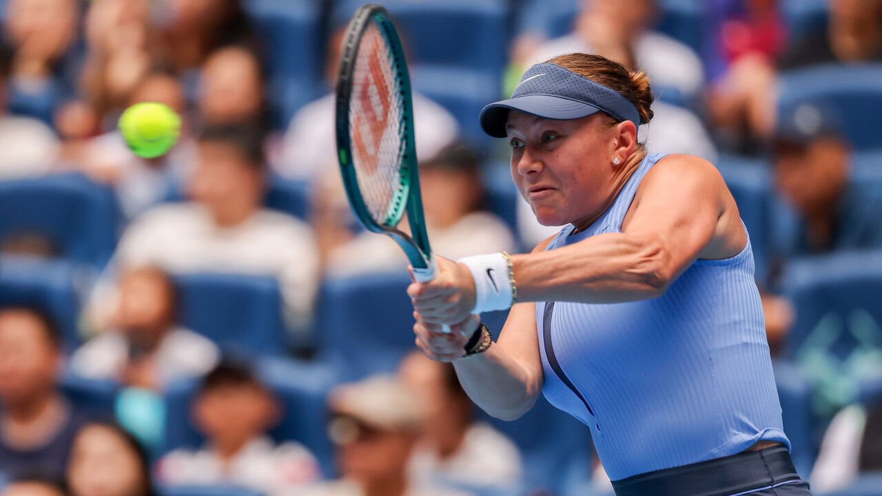 BEIJING, CHINA - OCTOBER 04: Amanda Anisimova of the United States returns a shot in the Women's Singles Semifinal match against Coco Gauff of the United States on day 13 of the 2025 China Open at the National Tennis Center on October 4, 2025 in Beijing, China.
