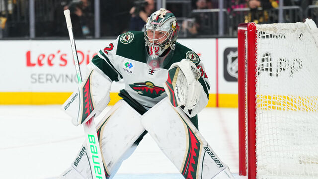 LAS VEGAS, NEVADA - APRIL 22: Filip Gustavsson #32 of the Minnesota Wild tends net during the first period of Game Two of the First Round of the 2025 Stanley Cup Playoffs against the Vegas Golden Knights at T-Mobile Arena on April 22, 2025 in Las Vegas, Nevada.