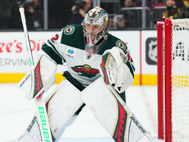LAS VEGAS, NEVADA - APRIL 22: Filip Gustavsson #32 of the Minnesota Wild tends net during the first period of Game Two of the First Round of the 2025 Stanley Cup Playoffs against the Vegas Golden Knights at T-Mobile Arena on April 22, 2025 in Las Vegas, Nevada.