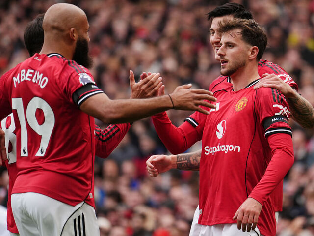 Manchester United's Mason Mount celebrates scoring their side's first goal of the game during the Premier League match at Old Trafford, Manchester. Picture date: Saturday October 4, 2025.