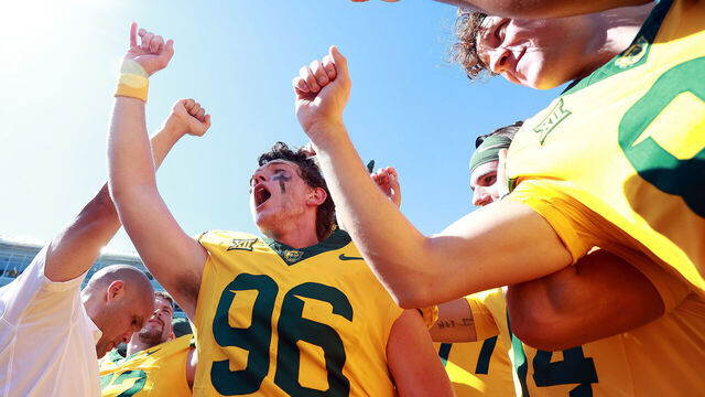 WACO, TEXAS - OCTOBER 04: Place kicker Connor Hawkins #96 and the Baylor Bears celebrate the win against the Kansas State Wildcats at McLane Stadium on October 04, 2025 in Waco, Texas.