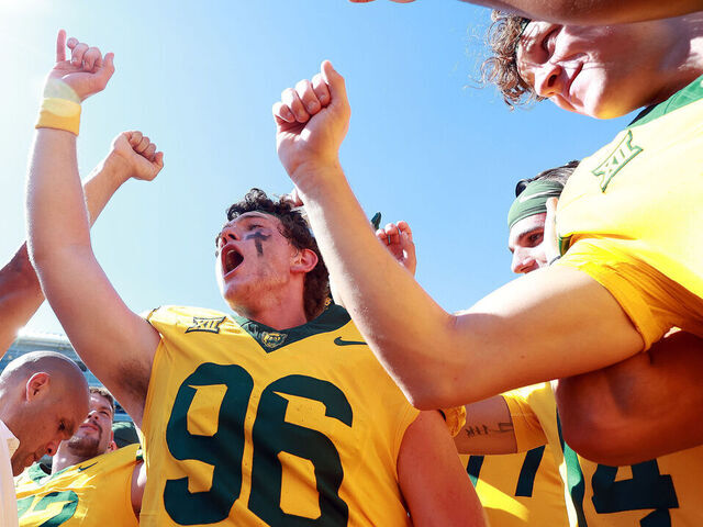 WACO, TEXAS - OCTOBER 04: Place kicker Connor Hawkins #96 and the Baylor Bears celebrate the win against the Kansas State Wildcats at McLane Stadium on October 04, 2025 in Waco, Texas.