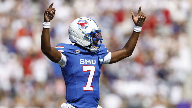 FORT WORTH, TEXAS - SEPTEMBER 20: Kevin Jennings #7 of the SMU Mustangs celebrates during the first half against the TCU Horned Frogs at Amon G. Carter Stadium on September 20, 2025 in Fort Worth, Texas.