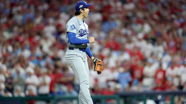 PHILADELPHIA, PENNSYLVANIA - OCTOBER 04: Shohei Ohtani #17 of the Los Angeles Dodgers reacts at the end of the sixth inning while playing the Philadelphia Phillies in game one of the Division Series at Citizens Bank Park on October 04, 2025 in Philadelphia, Pennsylvania.
