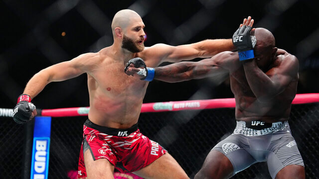 LAS VEGAS, NEVADA - OCTOBER 04: (L-R) Jiri Prochazka of the Czech Republic strikes Khalil Rountree Jr. in a light heavyweight fight during the UFC 320 event at T-Mobile Arena on October 04, 2025 in Las Vegas, Nevada.