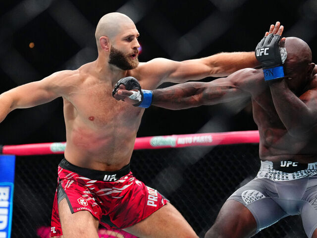 LAS VEGAS, NEVADA - OCTOBER 04: (L-R) Jiri Prochazka of the Czech Republic strikes Khalil Rountree Jr. in a light heavyweight fight during the UFC 320 event at T-Mobile Arena on October 04, 2025 in Las Vegas, Nevada.